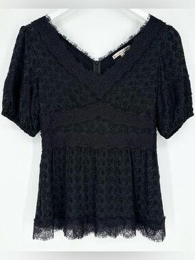 Nanette Lepore Black 100% Silk Top Lace V-Neck Peplum Puff Sleeve